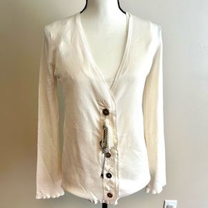 Women’s LV Cream V-Neck Button Cardigan with Tassel Detail